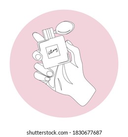 Round icon. Vector beautiful woman's hand with perfume. Icon, sticker for internet store, highlights. For beauty salon, make up artist, print, poster, decorative card, chancery.