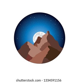 round icon vector landscape illustration, mountains, the moon and the starry sky