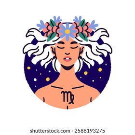 Round icon of Virgo zodiac sign. Stars' horoscope avatar of woman with wreath. Symbol of constellation in astral calendar. Astrology element. Flat isolated vector illustration on white background