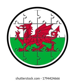 round icon with wales flag made with jigsaw puzzle pieces, isolated on white background 