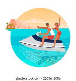 Round icon water activity. A young man and woman race on aquabike. Flat Art vector Illustration.