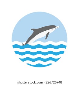 round icon with a water wave and dolphin, vector illustration