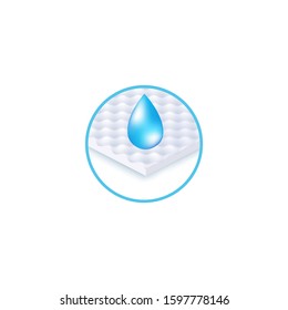 Round icon of waterproof fabric layer and drop realistic style, vector illustration isolated on white background. Symbol of wet resistant material, water repellent section of mattress