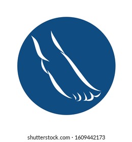 Round icon with white silhouette of a bare foot on a blue background. Female graceful leg. Vector illustration.
