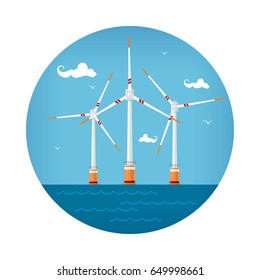 Round Icon Wind Turbines At The Sea, Horizontal Axis Wind Turbines At The Sea Off The Coast , Offshore Wind Farm Icon, Vector Illustration 