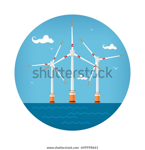 Round Icon Wind Turbines at the Sea, Horizontal Axis\
Wind Turbines at the Sea off the Coast , Offshore Wind Farm Icon,\
Vector Illustration 