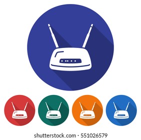 Round icon of  wireless fidelity router. Flat style illustration with long shadow in five variants background color       