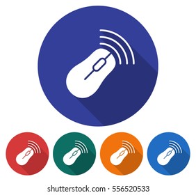 Round icon of wireless mouse. Flat style illustration with long shadow in five variants background color           