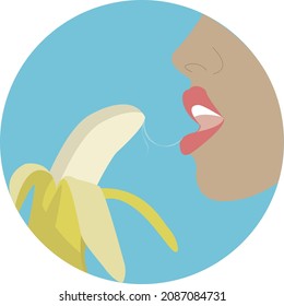 Round icon of woman eating banana.	
