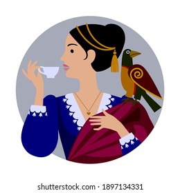 Round icon with a woman in retro dress with a bird on her shoulder holding in her hand a coffee cup. Drawing in flat style. Vector illustration