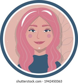 Round icon with a woman's face. Round shape avatar with cute smiling girl with pink hair