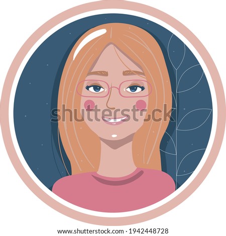 Round icon with a woman's face. Round shape avatar with cute smiling blonde