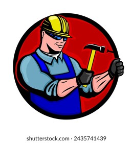 Round icon of worker builder with hammer on white background.