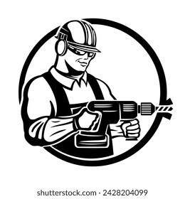 Round icon of worker with hammer drill on white background.