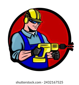 Round icon of worker with hammer drill on white background.	