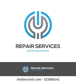 Round icon with wrench and power button. Can be used for computer, cellphone or home appliances repair services logo concept.