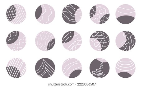 Round icons with abstract lines, shapes, doodles for highlighting stories, social networks, for bloggers, photographers, for highlighting covers. Aesthetic background, modern fashion blog and fashion