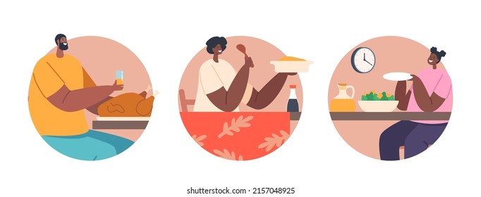 Round Icons or Avatars Happy Modern African Family Characters Mother, Father and Kid Having Dinner at Table. People Eating Meal, Cheerful Parents and Children Lunch. Cartoon Vector Illustration