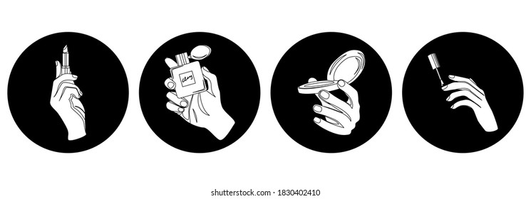 Round icons. Black and white hand painted. Lipstick, perfume, manicure, powder in hand. Beauty salon concept. For online cosmetics store. Highlights. 