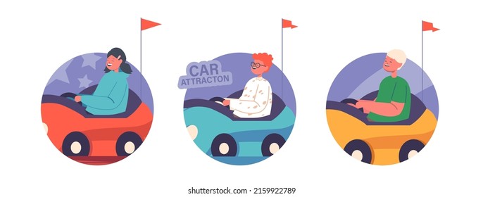 Round Icons Bumper Car Attraction in Amusement Park. Children Having Fun at Funfair Entertainment Riding Colorful Dodgem Carts. Kids Characters Recreation Activity. Cartoon People Vector Illustration