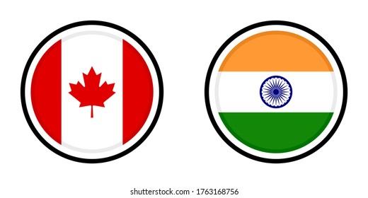 round icons with canada and india flags isolated on white background