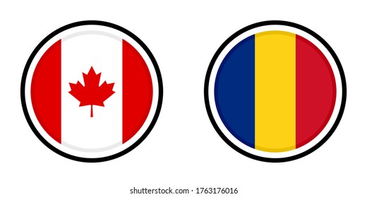 iconos redondos con banderas canadá y rumania aisladas en fondo blanco