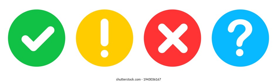 Round icons. Check mark, cross, attention and question. Web vector signs set