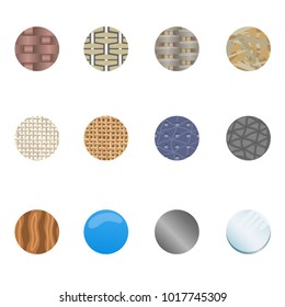 Round icons of different fabrics and materials as rattan, cotton, flax, leather, wood, plastic and glass