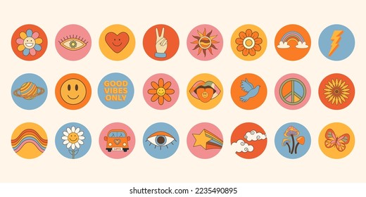 Iconos redondos de elementos groovy estilo hippie 70s. Conjunto vectorial de varios elementos destacados en estilo de dibujos retro. Flores de margarita, setas, amor, sol, labios, arcoíris, ojos, etc.