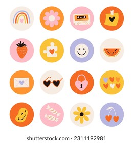 Round icons of elements groovy hippie 70s style. Vector set of various highlights of items in retro cartoon style. Daisy flowers, strawberry, love, sunshine, glasses, rainbow, watermelon etc.