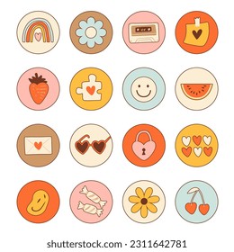 Round icons of elements groovy hippie 70s style. Vector set of various highlights of items in retro cartoon style. Daisy flowers, strawberry, love, sunshine, glasses, rainbow, watermelon etc.