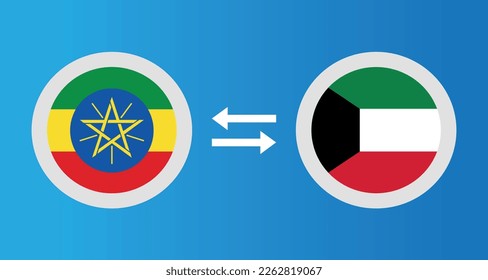 round icons with Ethiopia and Kuwait flag exchange rate concept graphic element Illustration template design
