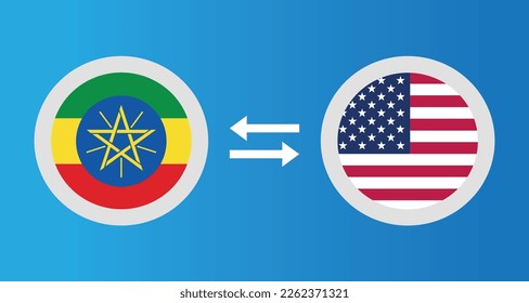 round icons with Ethiopia and United States flag exchange rate concept graphic element Illustration template design
