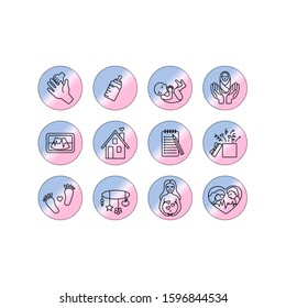 Round icons of expectation of a child, preparation for motherhood, birth. Set of isolated editable vector elements on a blue-pink background. Design of stickers, icons, logos, web, blogs, stories.