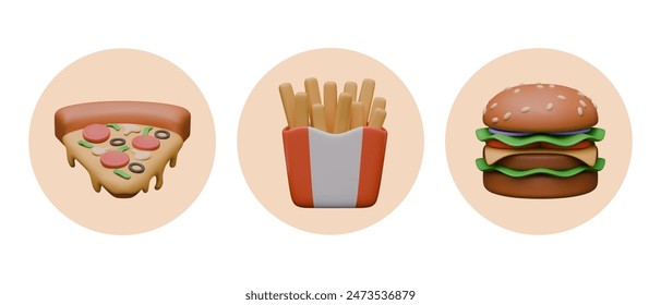 Round icons for fast food menu design. Creative templates for ordering of pizza, fries, burger