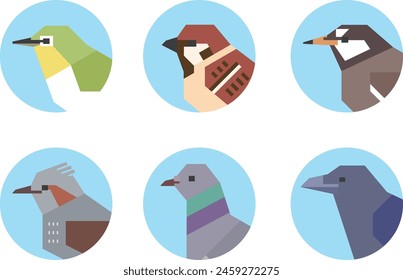 Round icons featuring the faces of city birds. Sparrow, white-eye, starling, brown-eared bulbul, pigeon, crow.