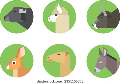 Round icons featuring the faces of farm animals, including a water buffalo, alpaca, yak, house rabbit, camel, donkey.
