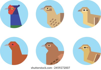 Round icons featuring the faces of green pheasant, copper pheasant.