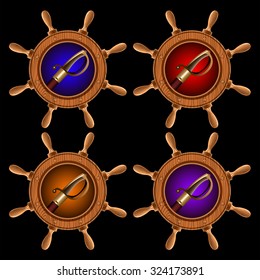 round icons in the form of a ship steering wheel with pirate swords inside