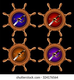 round icons in the form of a ship steering wheel with pirate swords inside