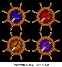 round icons in the form of a ship steering wheel with pirate swords inside