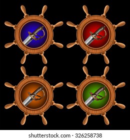 round icons in the form of a ship steering wheel with pirate swords inside
