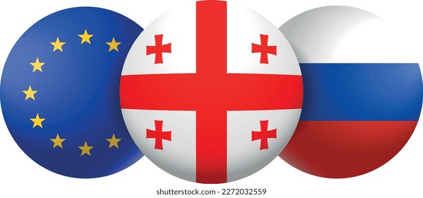 round icons with georgian, european, russian flags. EU european union, Georgia, Russia countries relationship