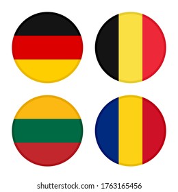 round icons with germany, belgium, lithuania and romania flags. isolated on white background