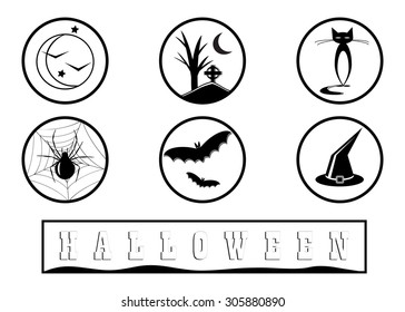round icons Halloween and the word Halloween in a frame