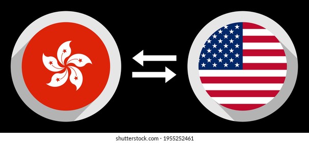 round icons with hong kong and united states flags. hkd to usd exchange rate concept
