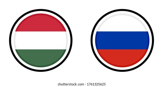 round icons with hungary and russia flags isolated on white background