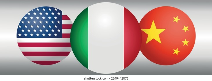 round icons with Italy flag in the center and USA America, China flags on the sides vector. concept of relations with partners