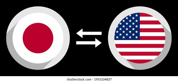 round icons with japan and united states flags. jpy to usd exchange rate concept
