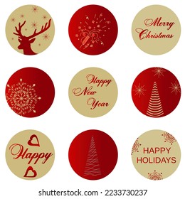 Round icons with New Year and Christmas design, Christmas trees, deer, snowflakes, greetings text. For highlighting stories, social networks, for bloggers, photographers, for highlighting covers. 